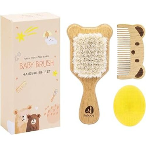 Baby Hair Brush and Comb Set for Newborns & Toddlers - Wooden Handle and Natural Soft Goat Bristles,Gentle Cradle Cap Care,Baby Massage and Scalp Brush,Ideal Baby Registry Gift,Beech with Cute Bear