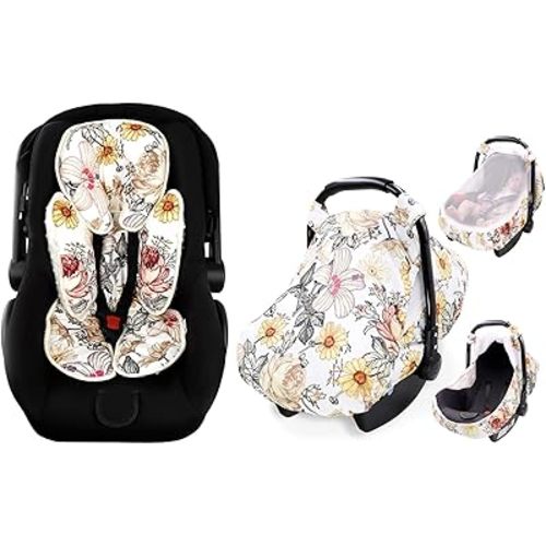Floral Car Seat Insert,Cushion for Stroller, Swing, Bouncer, 2-in-1 Reversible, Floral Baby Car Seat Cover for Girl,Infant Carseat Canopy Sun Cover,Baby Carrier Cover with Zipped Peep Windows