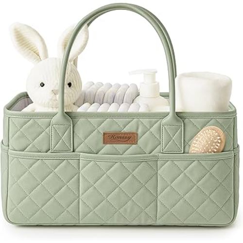 Konssy Quilted Diaper Caddy Organizer, Diaper Caddy Basket with Vegan Leather Handles, Water-Repellent Nursery Storage Basket, Portable Car Organizer, Registry Search Must Haves (Fog Green)