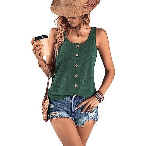 SweatyRocks Women's Scoop Neck Button Front Tank Top Casual Solid Sleeveless T Shirt