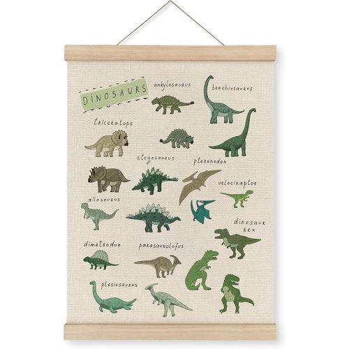 MAQIKA Dinosaur Poster Framed with Wood Hanger, Dinosaur Room Decor for Boys, Dinosaur Bedroom Dino Hanging Wall Decor, Nursery Art Canvas Wall Art Paints for Boys Kids Room Playroom 12x16 inch