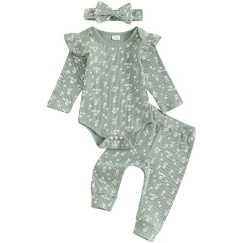 Hnyenmcko Newborn Baby Girl Fall Outfits Rib Frill Long Sleeve Ruffled Romper Solid Pants Headband Set 3Pcs Winter Clothes