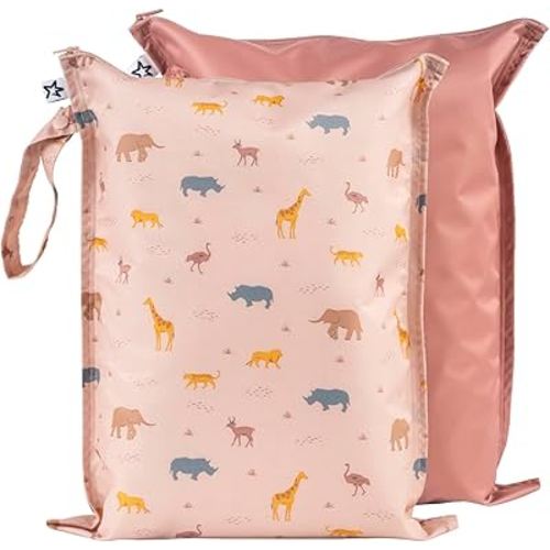 Tiny Twinkle Mess-proof Wet Bags 2 Pack Waterproof and Washable Bag for Travel storage, Stroller, Daycare, Baby Diapers, Yoga, Beach, Pool, Wet Toddler Swimsuits (Petite Safari)