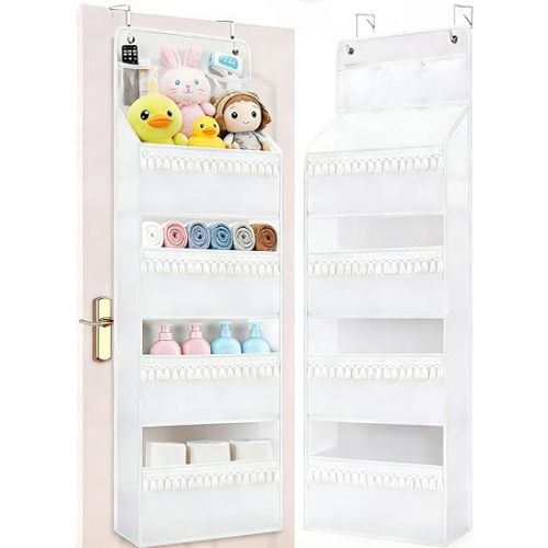 Over the Door Organizer - Boho Nursery Hanging Organizer with Tassels - Behind Door Storage for Bedroom, Bathroom, Closet, Dorm, Pantry, 4 Shelves, White