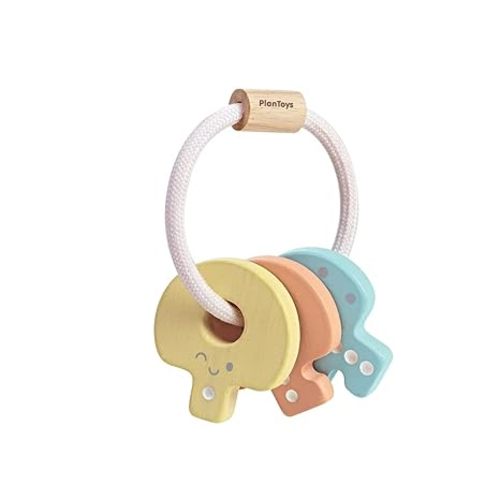 PlanToys Wooden Key Rattle and Teether Toy (5251) | Pastel Color Collection | Sustainably Made from Rubberwood and Non-Toxic Paints and Dyes - Baby Key Rattle - Pastel