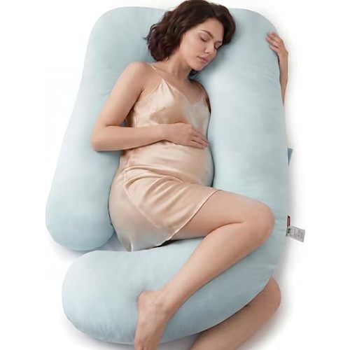 Momcozy Pregnancy Pillows for Sleeping, U Shaped Full Body Maternity Pillow with Removable Cover - Support for Back, Legs, Belly, HIPS for Pregnant Women, 57 Inch Pregnancy Pillow, Cotton Blue