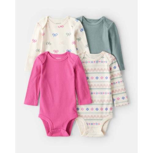 Baby Girl 4-Pack Bow Print Long-Sleeve Multipack Bodysuits - Blue/Pink/White - Carter's | Carter's