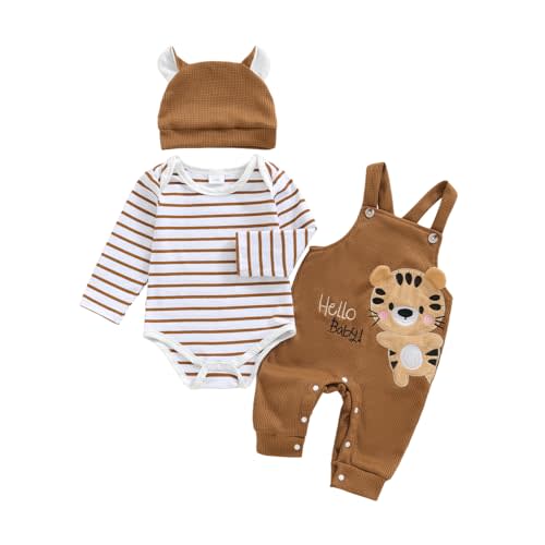 Baby Boy Clothes Set Infant Striped Long Sleeve Bodysuit Top Animal Suspender Pants Hat Newborn 3Pcs Fall Outfit
