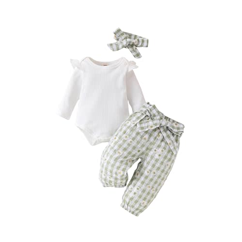 Kaipiclos Newborn Infant Girl Clothes 0 3 6 12 18 24 Months Rib Knit Romper Daisy Print Pants Headbands Baby Clothes Girls