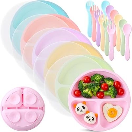 6 Pack Suction Plates for Toddlers with Lids Silicone Baby Plates set Food Grade Silicone Divided Design Microwave and Dishwasher Safe Assorted Colors(Macaron Colors)