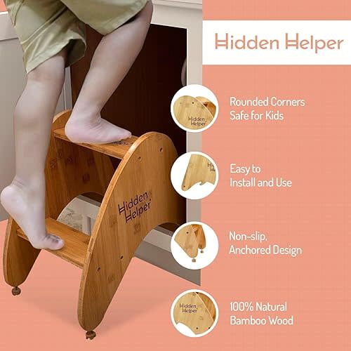 Hidden Helper Stow-Away Kid's Step Stool, Montessori Folding Two-Step Stool for Child Independence, Bamboo Wood Toddler Stepping Stool for Bathroom and Kitchen