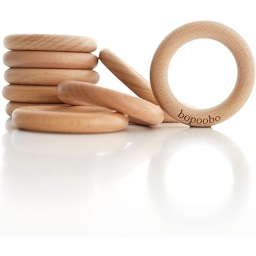 bopoobo Wooden Rings Natural Beech for Craft, Unfinished Wood Ring Circle Rings for DIY Baby Teething Toys, Baby Wooden Teether Accessories, Pendant Connector (10 Pcs, 55 mm)