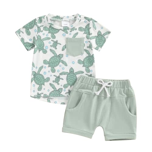 Licupiee Infant Baby Boys Sea Animal Shorts Sets 2Pcs Summer Outfits Crab Turtle Print Short Sleeve T-Shirt and Shorts Suit