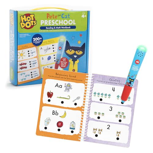 Educational Insights Hot Dots Pete The Cat Preschool Reading & Math Workbook - Preschool Workbooks with Interactive Pen, Homeschool Learning Books, Build Toddler Reading & Math Skills, Ages 4+