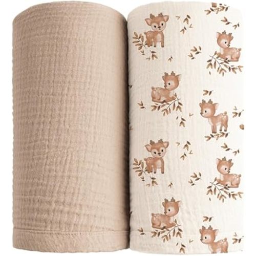 Konssy Muslin Swaddle Blankets 2 Pack, 100% Cotton Receiving Blanket Large 47 x 47 inches for Baby Boys Girls, Soft Breathable Muslin Baby Blanket for Newborn (Deer,Wheat)