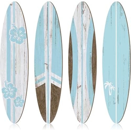Threan 4 Pcs Large Surfboard Wall Decors Girls Boys Wooden Beach Room Decor 23.6" x 5.4" Preppy Surf Board Hanging Signs Aesthetic Tropical Wall Art for Bedroom Living Room Bathroom Decors(Blue)
