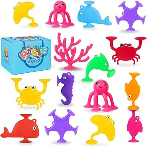 Baby Suction Cup Toys, 18 PCS Silicone Ocean Animals Suckers, Bath Toys for Kids Ages 4-8, Sensory Window Travel Easter Stuffers Toys for Toddlers Boys Girls 3 4 5 6 Year Old