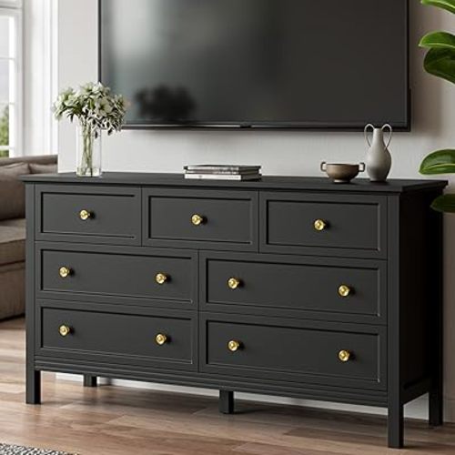 Black Dresser for Bedroom with Gold Handle Modern 7 Drawer Dresser, Wood Chest of Drawer Closet Clothes Storage Organizer for Living Room, Hallway, TV Stand, 55 Inch