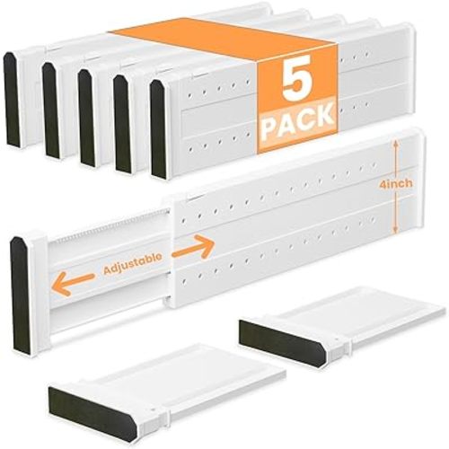 5 Pack Drawer Dividers for Clothes Adjustable Drawer Dividers 4" High Expandable from 15"-21" for Dresser Baby Clothes Bathroom,Bedroom Kitchen and Office Storage，White