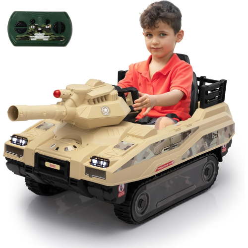 Jaxpety 24 V Kids Ride on Tank Car with Working Cannon and Rotating Turret for Boys and Girls Ages 3-8 Years, Yellow