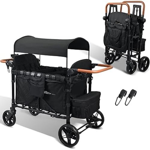 Foldable Stroller Wagon for 4 Kids & Cargo, All-Terrain Wheels, Adjustable Handle, Removable Canopy, 5-Point Harness, Compact Foldable Design