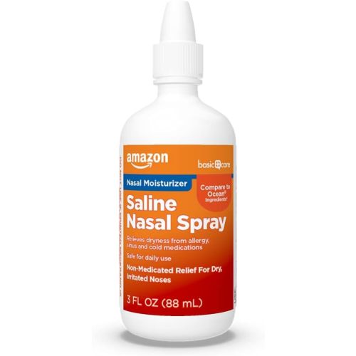 Amazon Basic Care Premium Saline Nasal Moisturizing Spray, Non-Medicated Relief for Dry, Irritated Nose, 3 fl oz (Pack of 1)