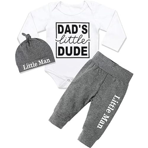 Fommy Newborn Baby Boy Clothes New to The Crew Letter Print Romper+ Pants+Hat 3PCS Outfit