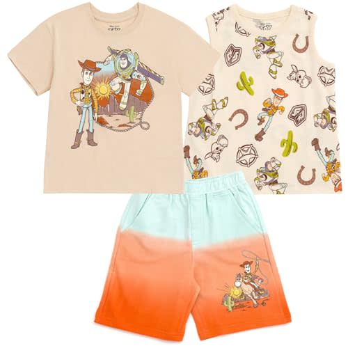 Disney Lion King Toy Story Mickey Mouse Cars T-Shirt Tank Top and French Terry Shorts 3 Piece Outfit Set Toddler to Big Kid