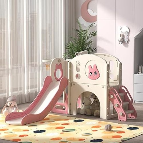 8-in-1 Toddler Slide and Climber Playset, Kids Slide Playground with Stairs, Tunnel, Telescope, Storage, Basketball Hoop and Ball, Indoor Outdoor, 1-3 Years Old, Pink