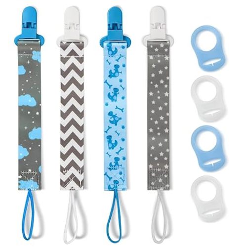 4 Pack Pacifier Holder Clips for Boys, Dummy Clips Boys with Adapters, Silicone Binky Clips for Baby Teething Toys Baby Shower