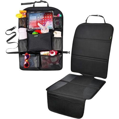 PIDO Backseat Car Organizer Kick Mat + Car Seat Protector for Child Car Seat, Seat Back Organizer with Tablet Holder and pockets, Seat Cover Mat Under Baby Car Seat, Full Protection for Car Interior