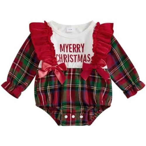 Sasaerucure Christmas Outfit Infant Baby Girl Merry Christmas Plaid Ruffle Long Sleeve Romper Bodysuit Bubble Clothes