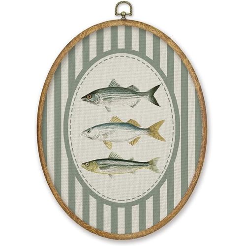 CGBHW Vintage Coastal Beach Fish Oval Wall Art Decor, Fishing Canvas Prints Framed, Green Striped Ocean Saltwater Striped Bass Fish Wall Art Hanging Decor for Home Kitchen Bedroom Lake House, 8.6x11.4 Inch
