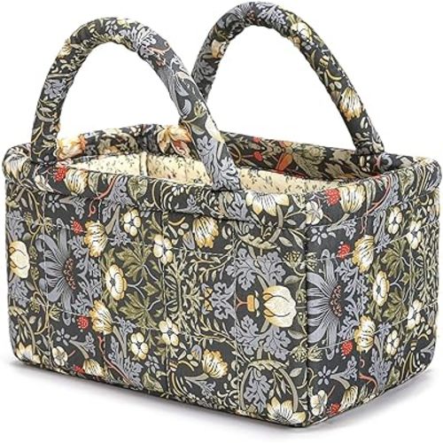 Small Storage Basket Organizer, Mini Fabric Floral Storage Baskets with Handle, Quilted Portable Collapsible Storage (K)