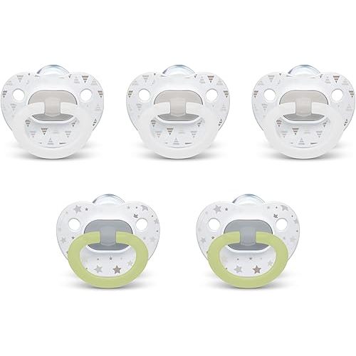 NUK Orthodontic Pacifiers, 6-18 months, 5 Pack (3 Regular, 2 Glow-in-the-Dark)