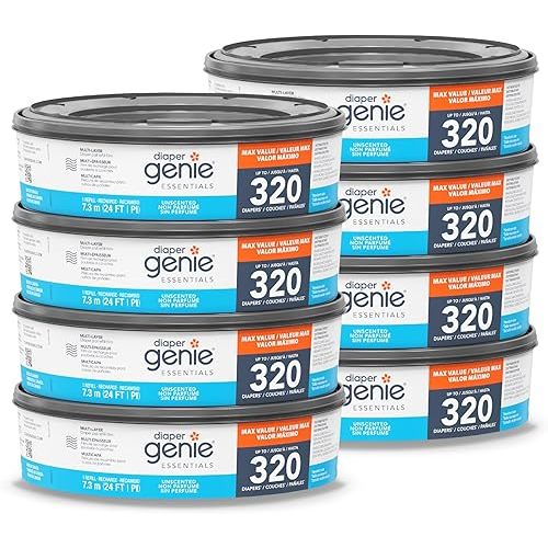 Diaper Genie Essentials Round Refill 8-Pack | Holds Up to 2560 Newborn Diapers | Features Unscented Continuous Film | Compatible with Diaper Genie Complete and Expressions Pails