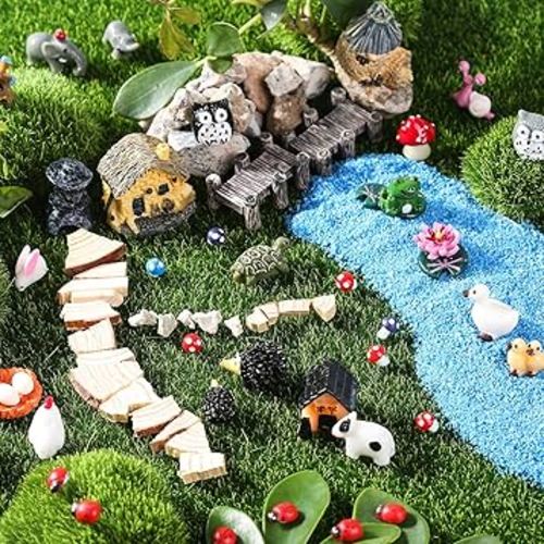 172Pcs Miniature Fairy Garden Accessories including 100Pcs Fixed Pins, modacraft Fairy Garden Kit Fairy House Animal Figurines Mini Landscape for Garden Dollhouse Potted Plant Bonsai Terrarium Décor