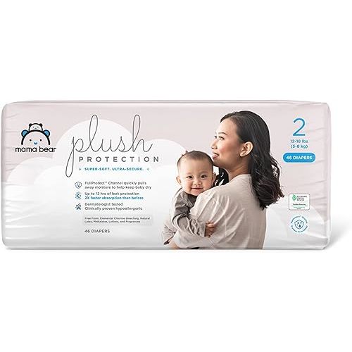 Amazon Brand - Mama Bear Plush Protection Diapers - Size 2, 46 Count, Hypoallergenic Premium Disposable Baby Diapers, White and Cloud Dreams