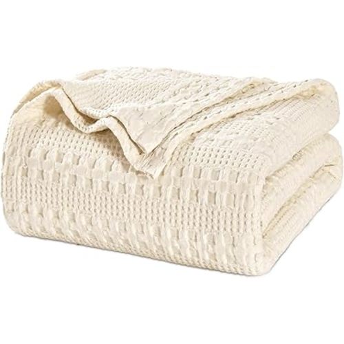 PHF 100% Cotton Waffle Weave Blanket Twin Size, Soft Lightweight Breathable Cozy Summer Blankets for Bed, Luxury Aesthetic Woven Bedding for Home Decor, 66"x90", Undyed