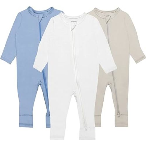 GUISBY Baby Pajamas with Mitten Cuffs - 3Pcs Girls Boys 2 Way Zipper Long Sleeve Rayon Sleepers - Oatmeal-cream-light Blue - 6-12 Months