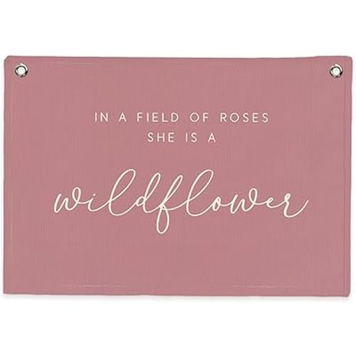 SJDFCSA Wildflower Nursery Decor Banner Canvas Wall Hanging, in a Field of Roses She Is a Wildflower Wall Decor Hanging Banner Flag for Girls Toddler Nursery Room Bedroom Playroom Prints, 30x20 Inch