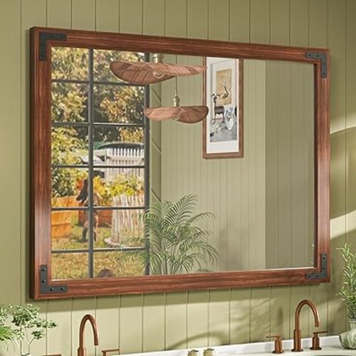 TETOTE 40 x 30 Inch Rustic Bathroom Wood Framed Mirror for Over Sink, Waterproof Farmhouse Natural Walnut Brown Wooden Rectangle Decorative Wall Mirror, Horizontal/Vertical, Easy to Install