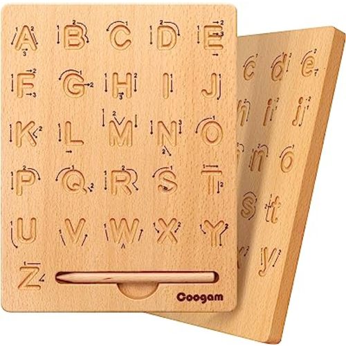Coogam Wooden Letters Practicing Board, Double-Sided Alphabet Tracing Tool Learning to Write ABC Educational Toy Game Fine Motor Montessori Gift for Preschool 3 4 5 Years Old Kids