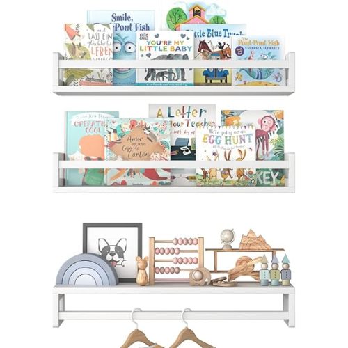 Floating Nursery Book Shelves for Wall, 23.6 Inch Nature Solid Wood Wall Mounted Bookshelf Set of 3, Hanging Bookshelves for Kids Room, Bedroom Nursery Decor and Book Storage (White)