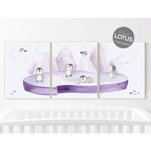 Penguin Nursery Art Prints: Purple Gender Neutral Decor