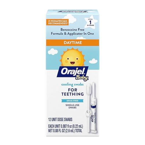 Orajel Baby Daytime Cooling Swabs for Teething, Drug-Free, 1 Pediatrician Recommended Brand for Teething*, 12 Swabs (Packing May Vary) - 12 Count (Pack of 1)