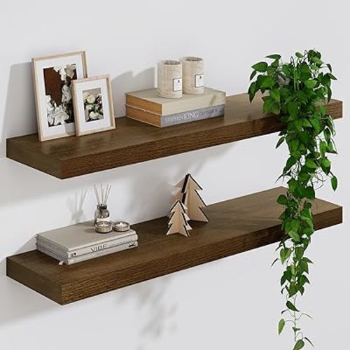 Solid Wood Floating Shelves For Wall, 24”W x 9”D x 1.56”H Large Wall Shelves for Living Room Bedroom Bathroom Kitchen Drcor Storage with Invisible Heavy-Duty Metal Bracket, Light Brown, Set of 2