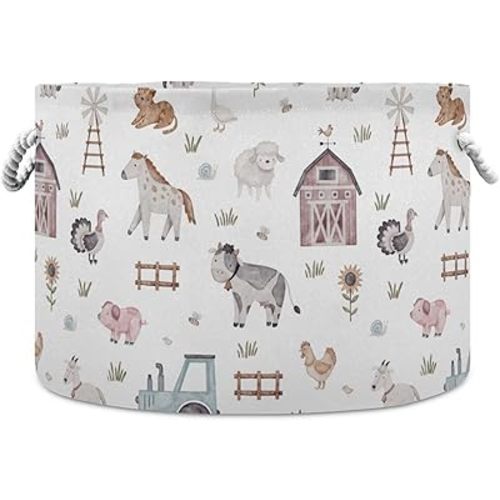 Burbuja Farm Animals Round Storage Basket with Cotton Rope Handles, Laundry Basket for Blankets, Toys, Nursery, Living Room Decoration