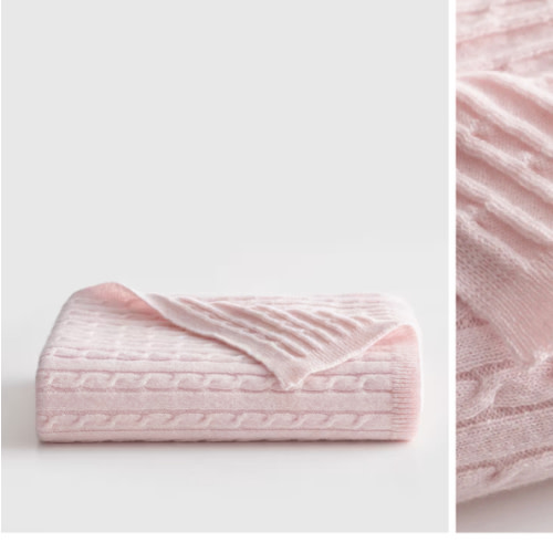 Pink Mongolian Cashmere Cable Knit Baby Blanket in Minimal Pink