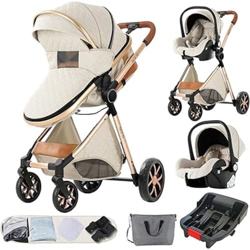 3 in 1 Baby Travel System Convertible Reversible Baby Stroller Portable Pushchair Infant Standard Pram Foldable Baby Carriage Luxury High Landscape Buggy for Newborn (UDV9-WHITE with Base)